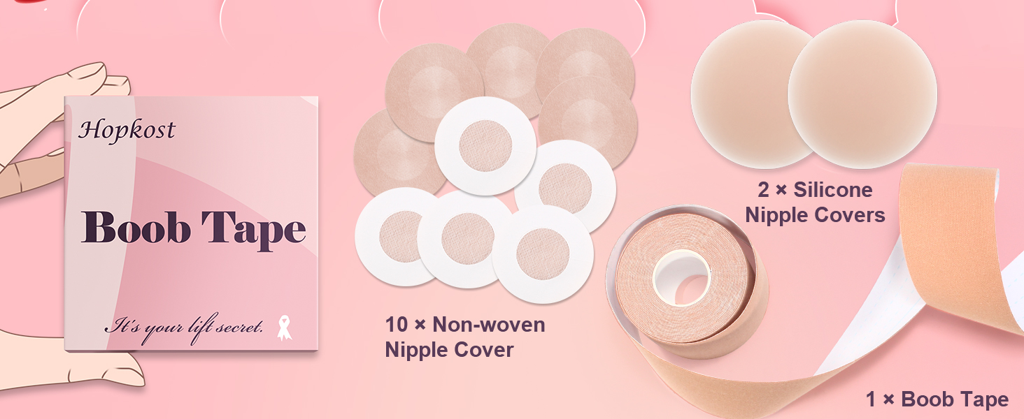 Hopkost Boob Tape Breast Lift Tape in beige with two nipple covers, designed to provide invisible lift, shaping, and support for A-G cup sizes under backless and strapless outfits.