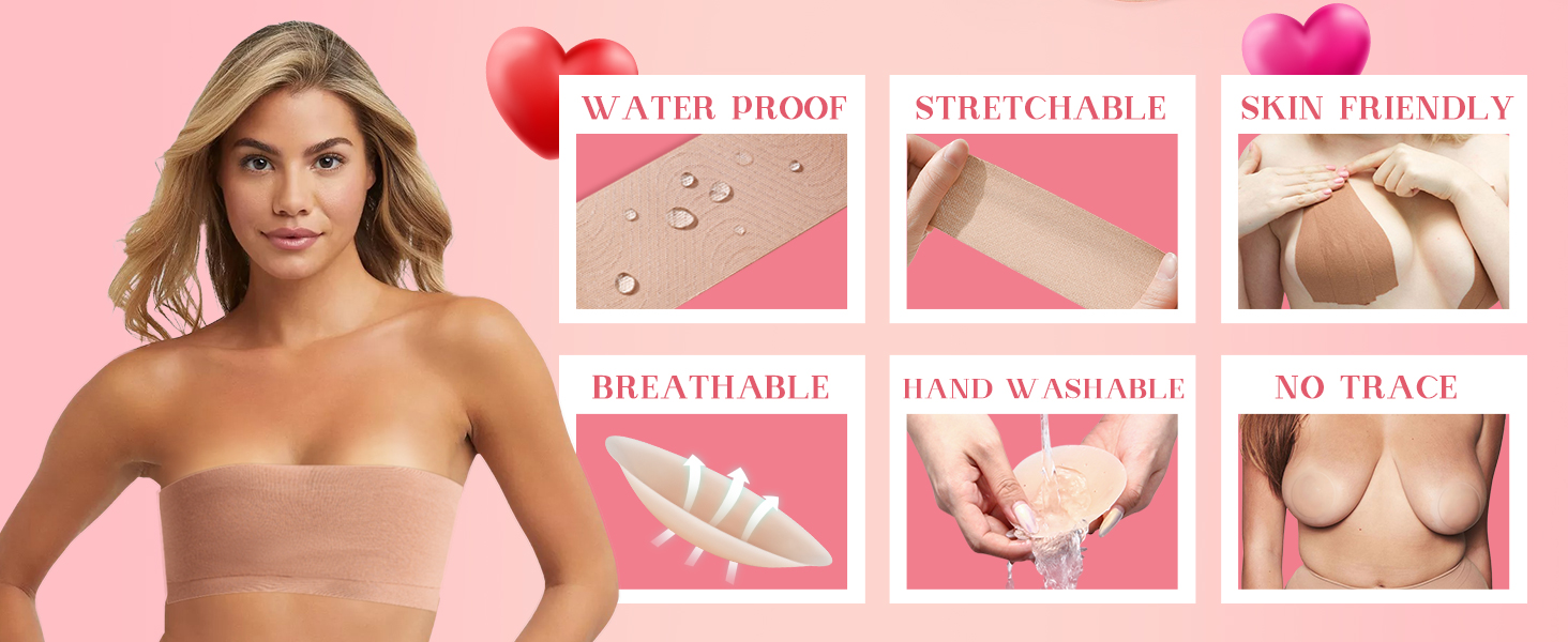 Hopkost Boob Tape Breast Lift Tape in beige with two nipple covers, designed to provide invisible lift, shaping, and support for A-G cup sizes under backless and strapless outfits.