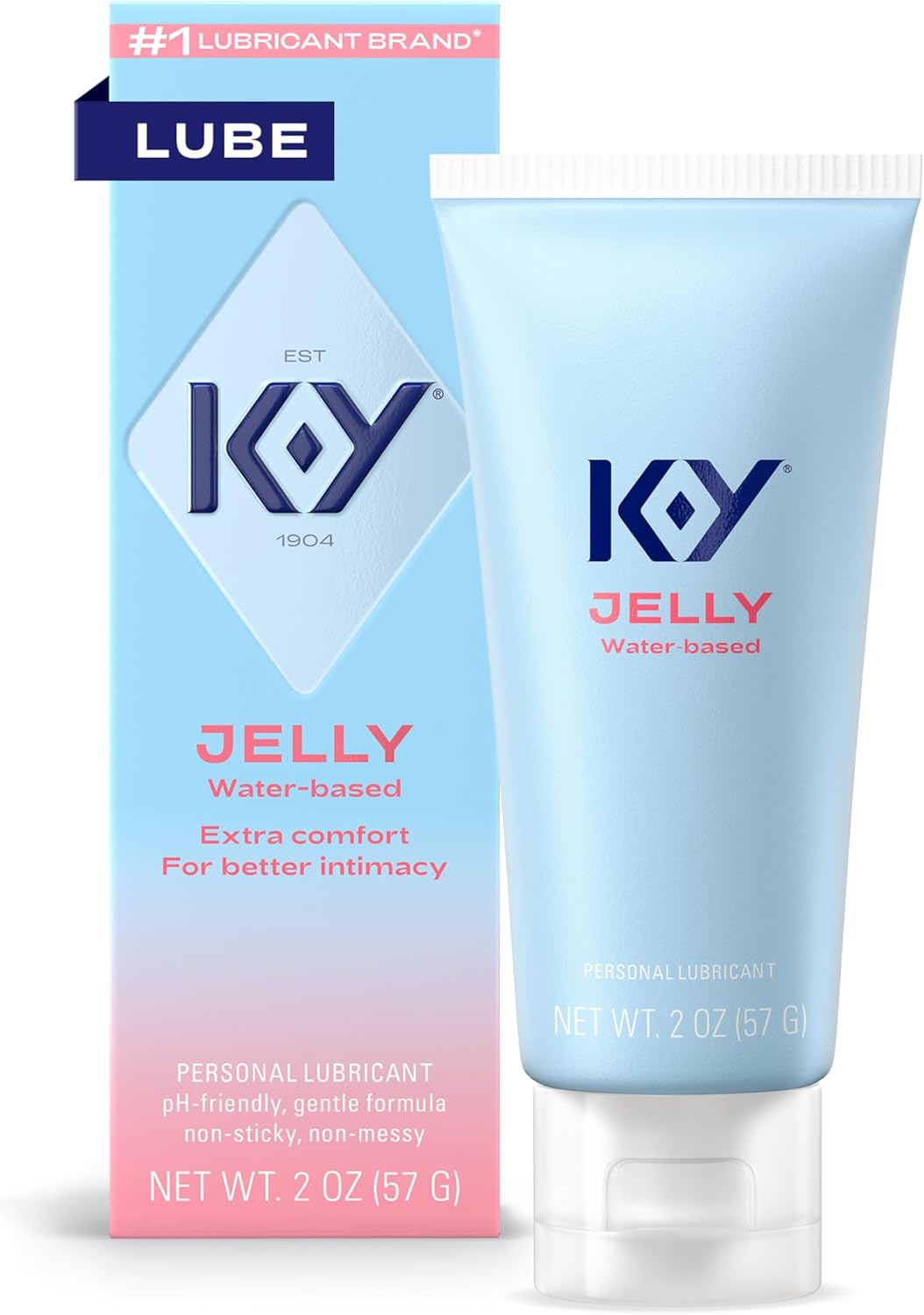 K-Y Jelly water based personal lubricant in a 2 oz tube featuring non-greasy, pH-friendly formula for intimate comfort.