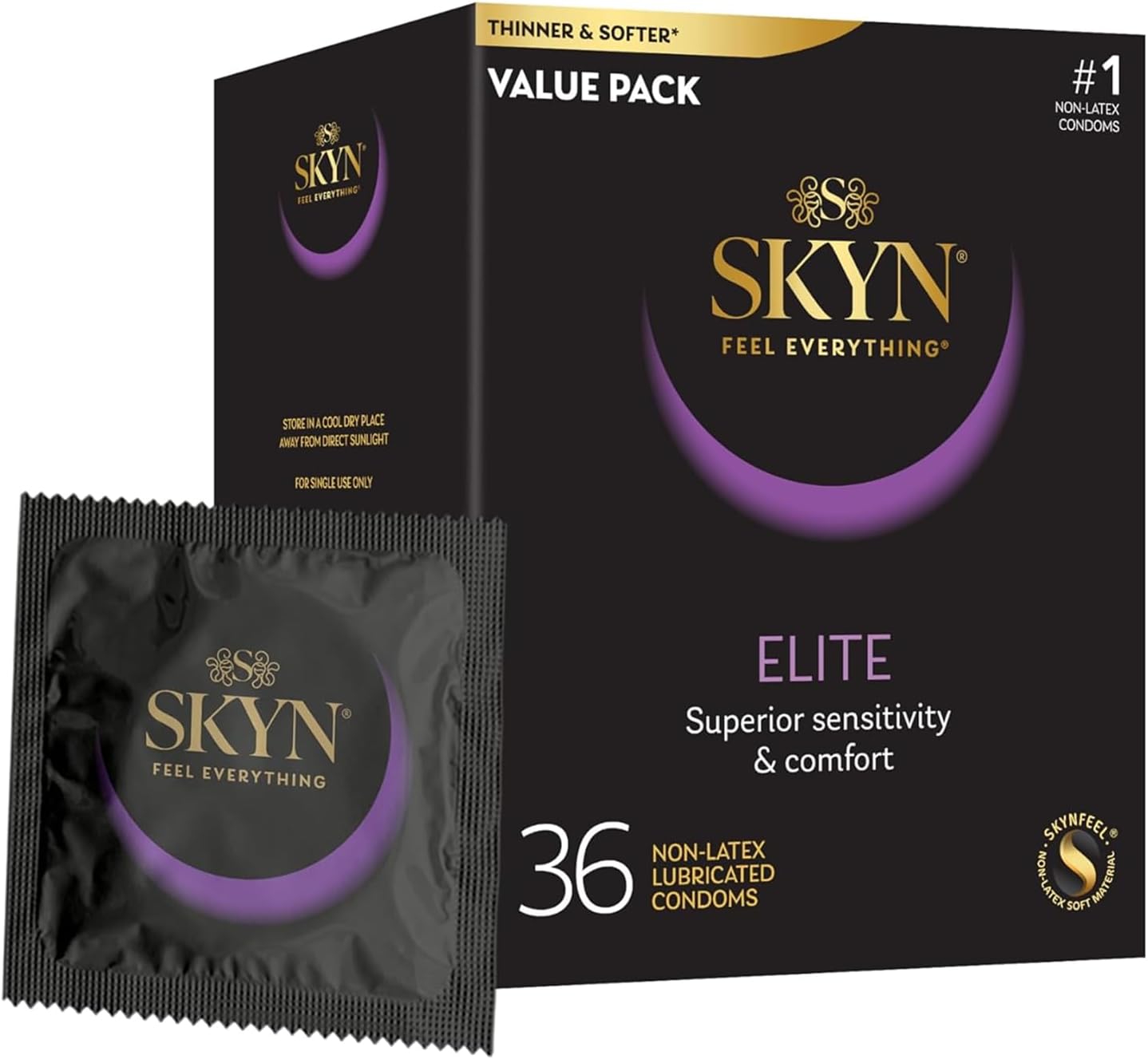 SKYN Elite ultra-thin latex-free lubricated condoms 36 count package designed for enhanced sensitivity and comfortable protection.