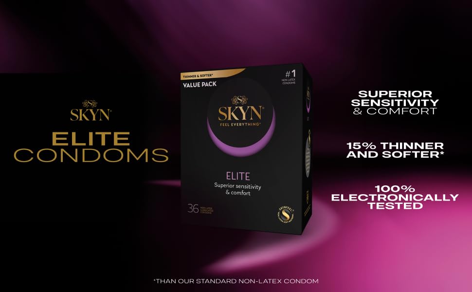 SKYN Elite ultra-thin latex-free lubricated condoms 36 count package designed for enhanced sensitivity and comfortable protection.