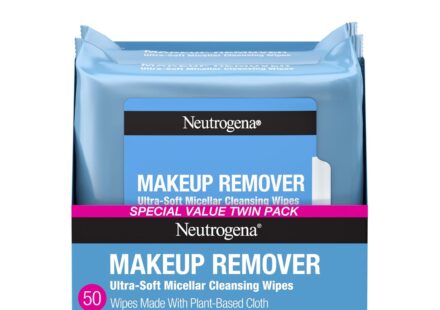 Neutrogena Makeup Remover Wipes micellar alcohol-free face towelettes made from plant-based cloth for removing waterproof makeup and oil.