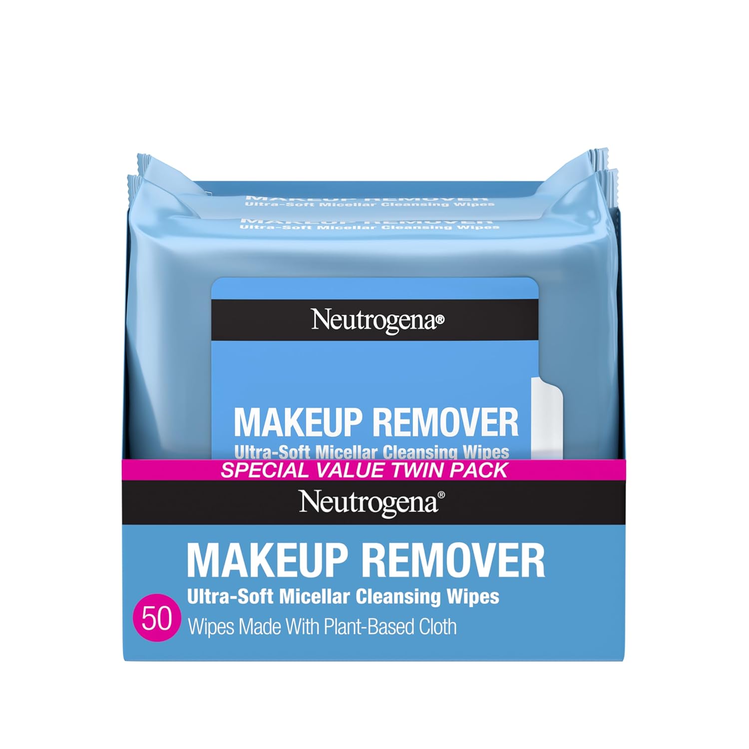 Neutrogena Makeup Remover Wipes micellar alcohol-free face towelettes made from plant-based cloth for removing waterproof makeup and oil.