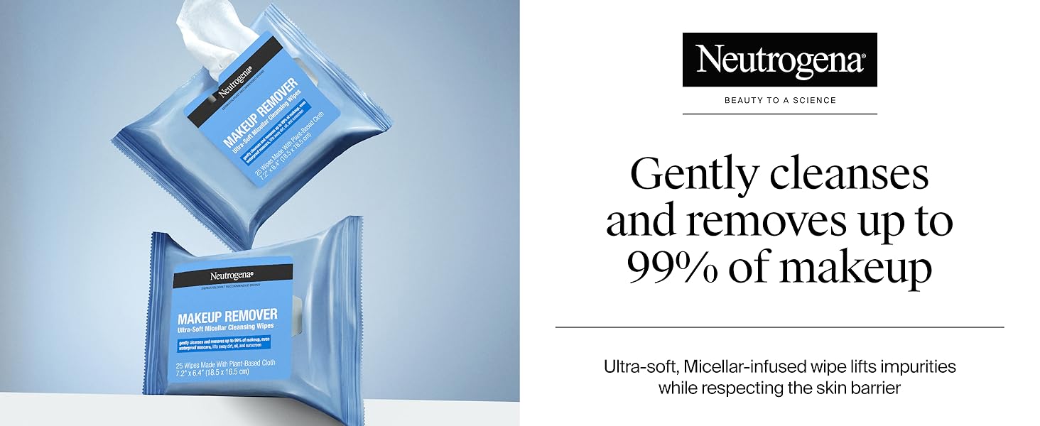 Neutrogena Makeup Remover Wipes micellar alcohol-free face towelettes made from plant-based cloth for removing waterproof makeup and oil.