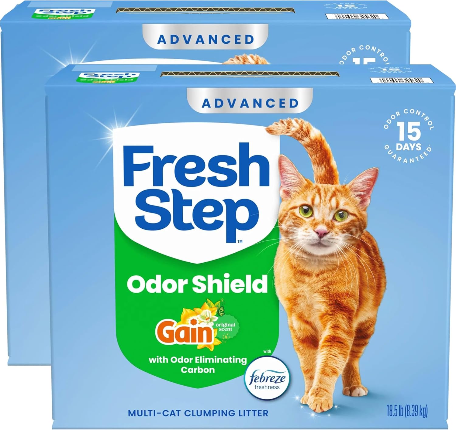 Fresh Step Advanced Odor Shield Multi-Cat Clumping Litter with Febreze Freshness and Ammonia Block Technology for powerful litter box odor control.