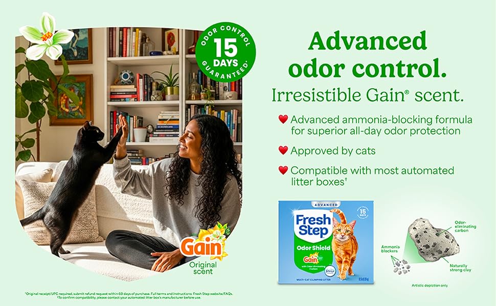 Fresh Step Advanced Odor Shield Multi-Cat Clumping Litter with Febreze Freshness and Ammonia Block Technology for powerful litter box odor control.