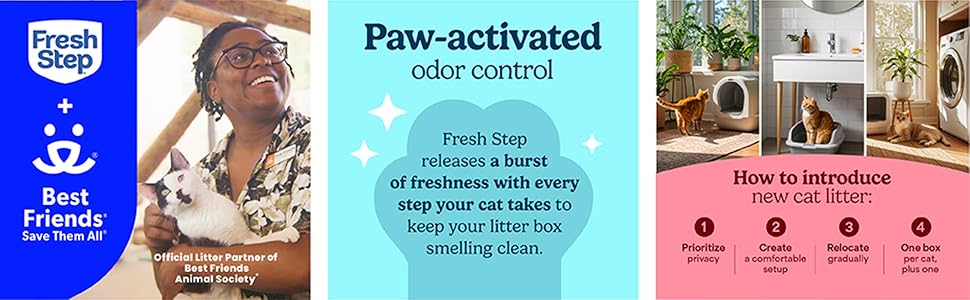 Fresh Step Advanced Odor Shield Multi-Cat Clumping Litter with Febreze Freshness and Ammonia Block Technology for powerful litter box odor control.