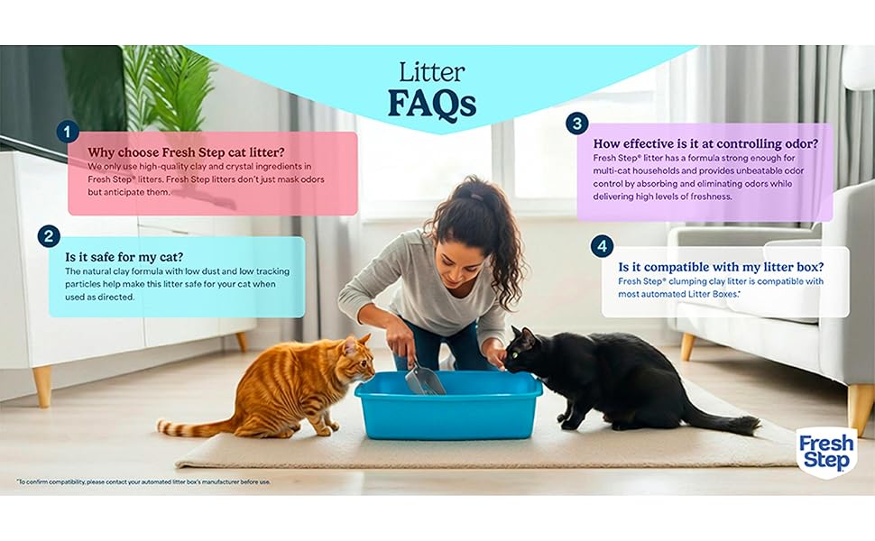 Fresh Step Advanced Odor Shield Multi-Cat Clumping Litter with Febreze Freshness and Ammonia Block Technology for powerful litter box odor control.