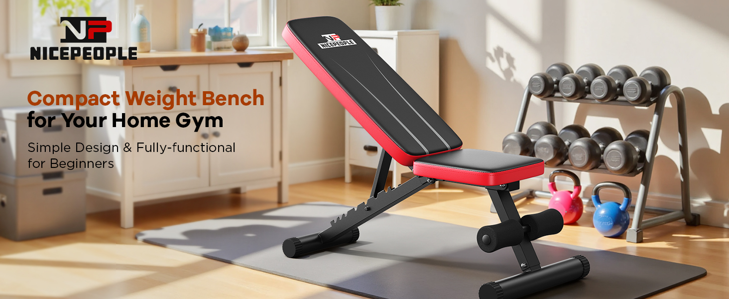 Adjustable weight bench for home gym with 660 lbs capacity, foldable design, and multiple backrest positions for strength training exercises.