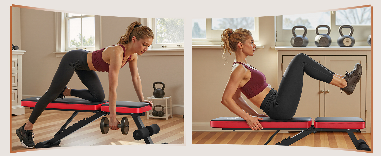 Adjustable weight bench for home gym with 660 lbs capacity, foldable design, and multiple backrest positions for strength training exercises.
