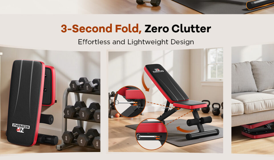Adjustable weight bench for home gym with 660 lbs capacity, foldable design, and multiple backrest positions for strength training exercises.