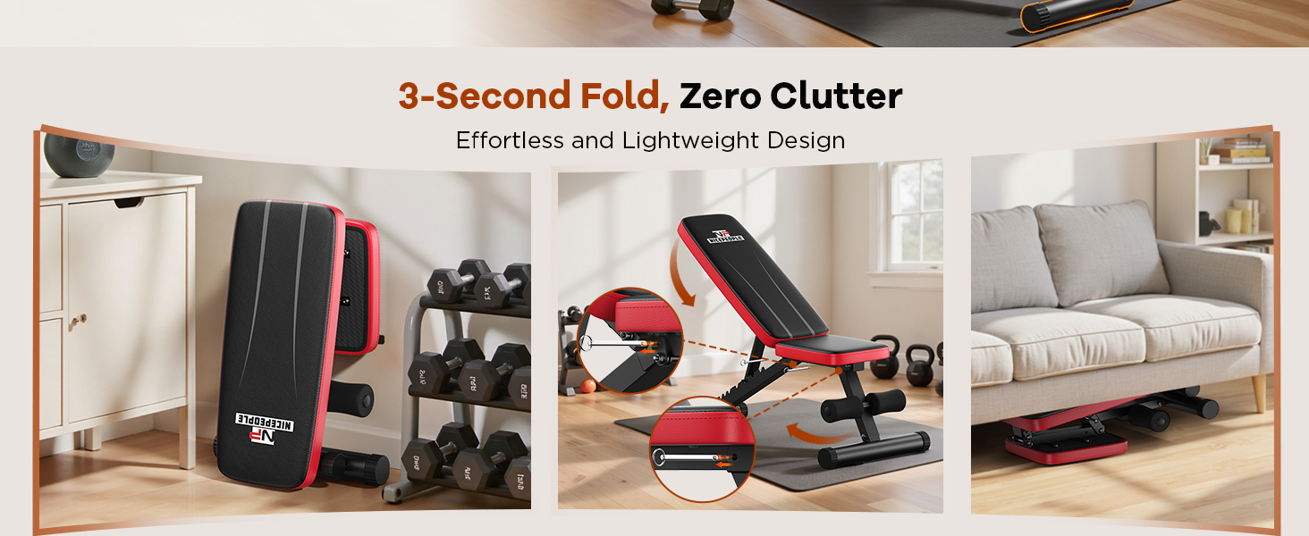 Adjustable weight bench for home gym with 660 lbs capacity, foldable design, and multiple backrest positions for strength training exercises.