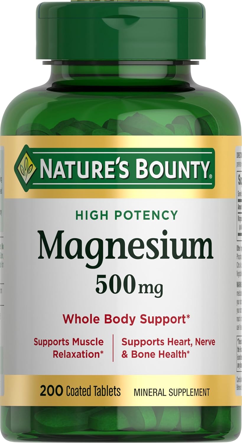 Nature's Bounty Magnesium 500 mg tablets dietary supplement for bone health, muscle support, and daily wellness.