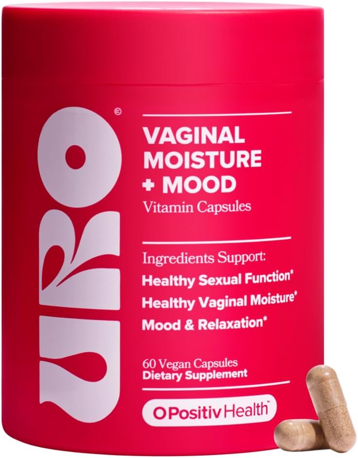 O Positiv URO Vaginal Moisture and Mood supplement featuring KSM-66 Ashwagandha, Ginkgo Biloba, Mucuna Pruriens, and GABA for daily women's wellness support.