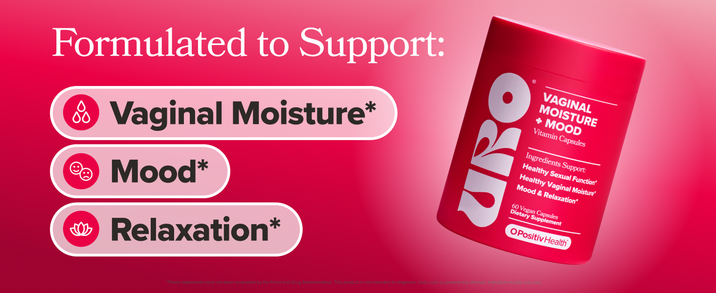O Positiv URO Vaginal Moisture and Mood supplement featuring KSM-66 Ashwagandha, Ginkgo Biloba, Mucuna Pruriens, and GABA for daily women's wellness support.
