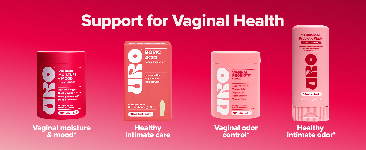 O Positiv URO Vaginal Moisture and Mood supplement featuring KSM-66 Ashwagandha, Ginkgo Biloba, Mucuna Pruriens, and GABA for daily women's wellness support.
