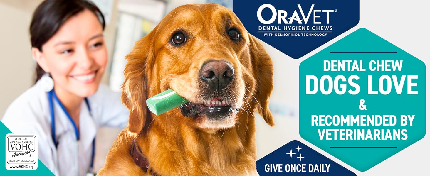 ORAVET Dental Chews for Large Dogs over 50 lbs in pink pouch with 30 dental hygiene chews for plaque and tartar control