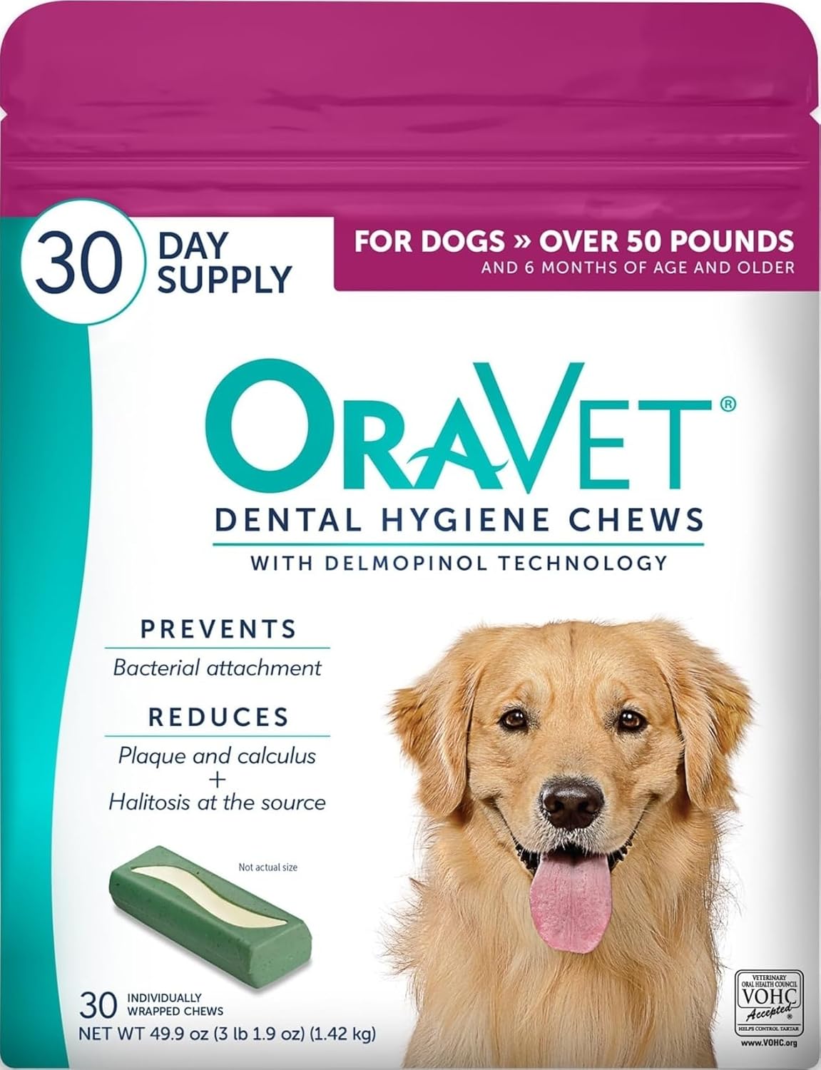 ORAVET Dental Chews for Large Dogs over 50 lbs in pink pouch with 30 dental hygiene chews for plaque and tartar control