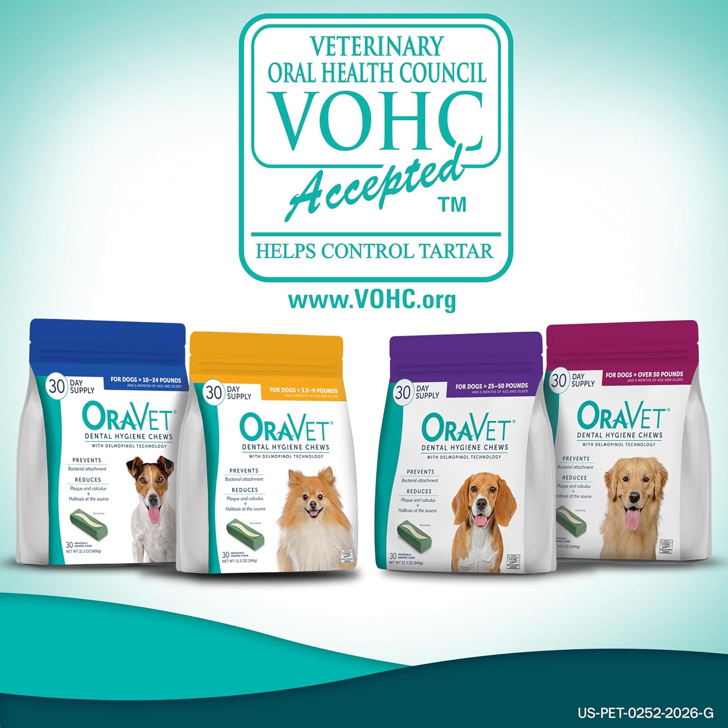 ORAVET Dental Chews for Large Dogs over 50 lbs in pink pouch with 30 dental hygiene chews for plaque and tartar control