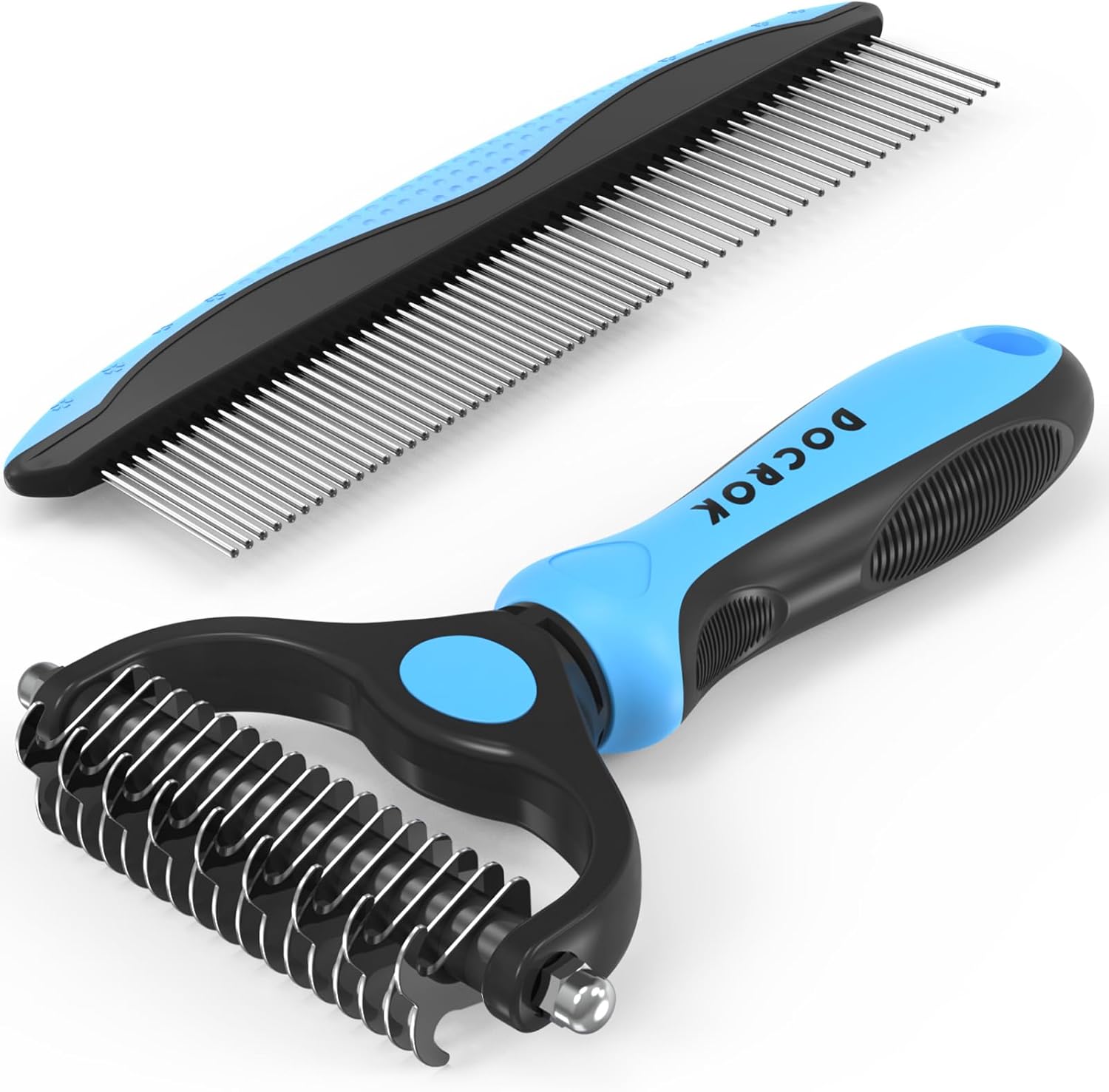 Blue pet grooming combo featuring a deshedding brush and metal comb for removing loose fur, detangling, and dematting cats and dogs.
