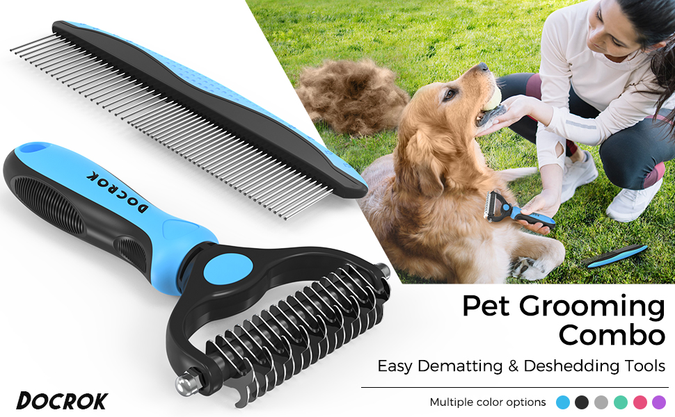 Blue pet grooming combo featuring a deshedding brush and metal comb for removing loose fur, detangling, and dematting cats and dogs.