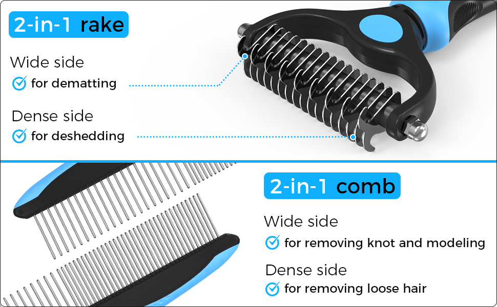 Blue pet grooming combo featuring a deshedding brush and metal comb for removing loose fur, detangling, and dematting cats and dogs.