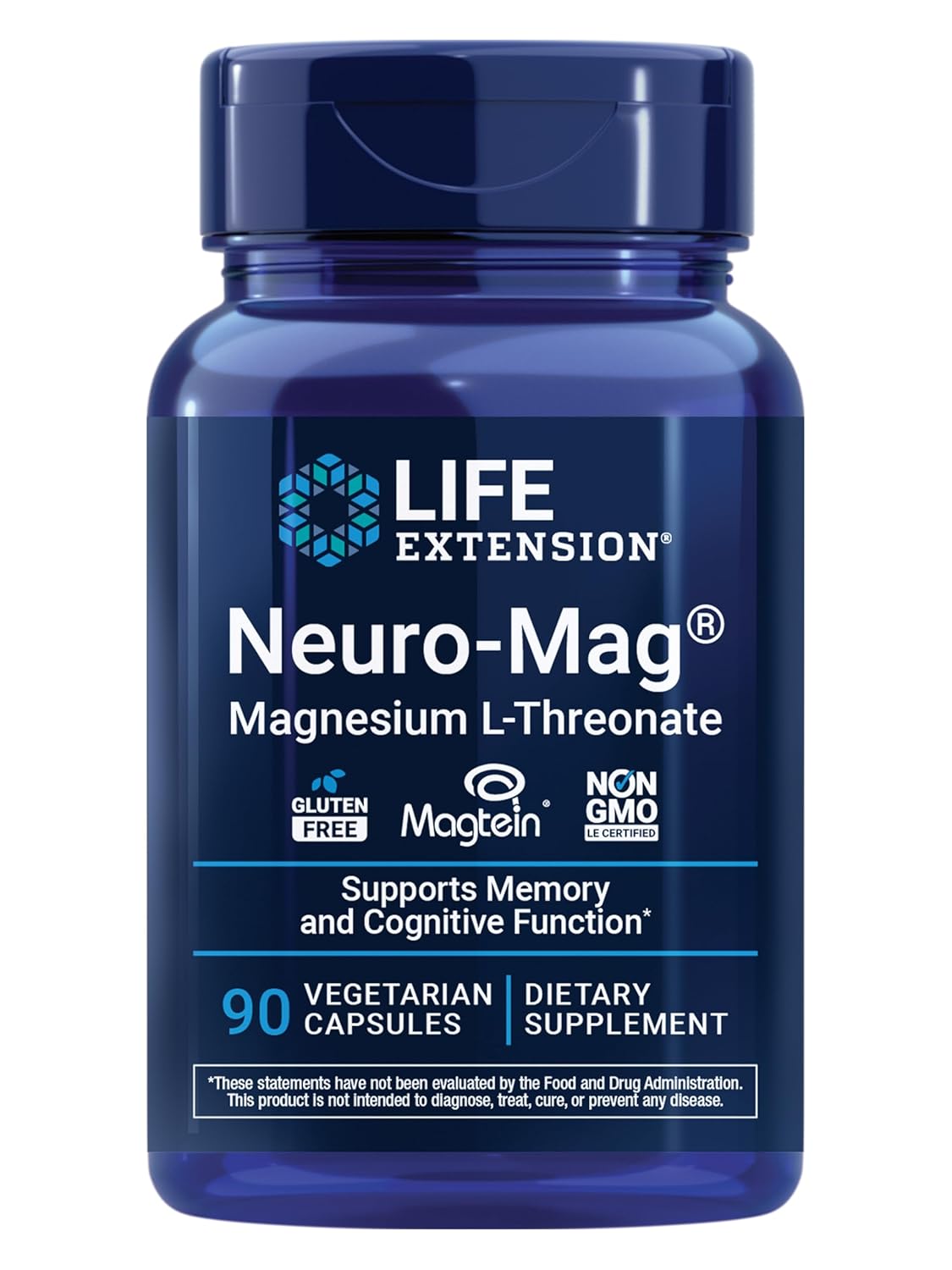 Life Extension Neuro-Mag Magnesium L-Threonate capsules for brain health, memory support, and cognitive function improvement supplement bottle