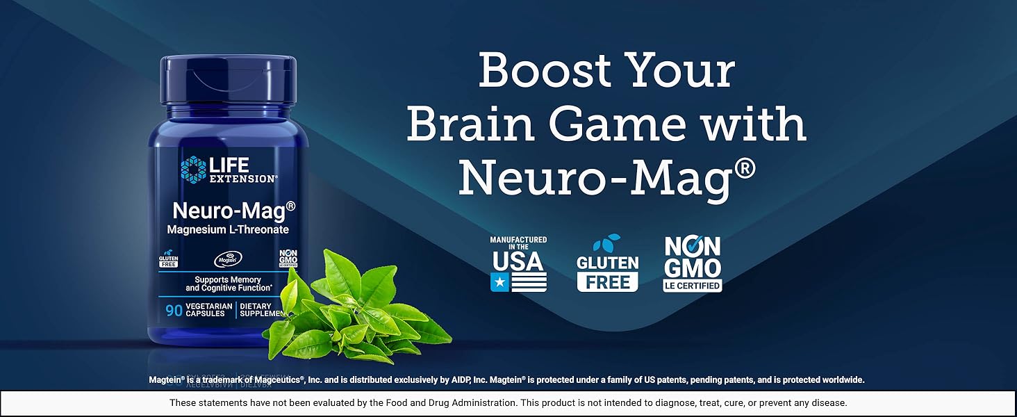 Life Extension Neuro-Mag Magnesium L-Threonate capsules for brain health, memory support, and cognitive function improvement supplement bottle