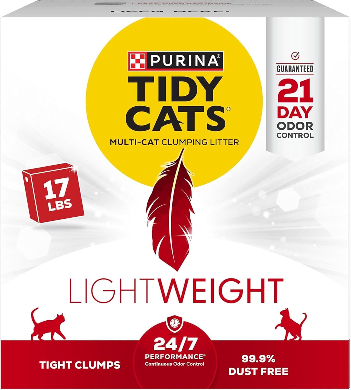 Purina Tidy Cats LightWeight 24/7 Performance multi-cat clumping cat litter with powerful odor control and 99.9% dust free formula.