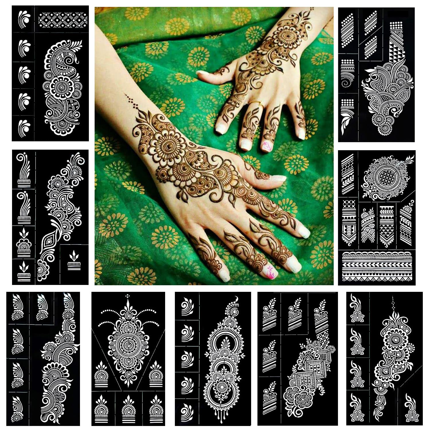 Reusable henna tattoo stencils kit featuring 9 Mehendi design sheets for hands, forearms, glitter tattoos, and temporary body art.