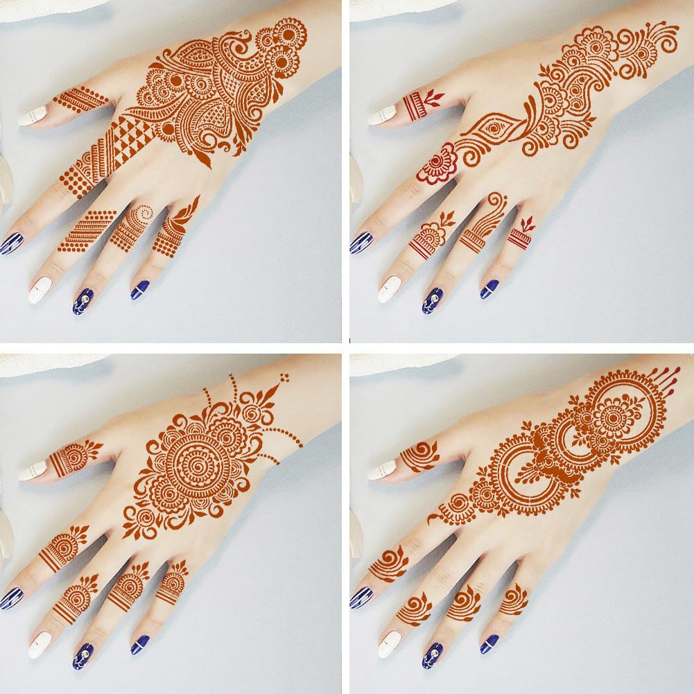 Reusable henna tattoo stencils kit featuring 9 Mehendi design sheets for hands, forearms, glitter tattoos, and temporary body art.