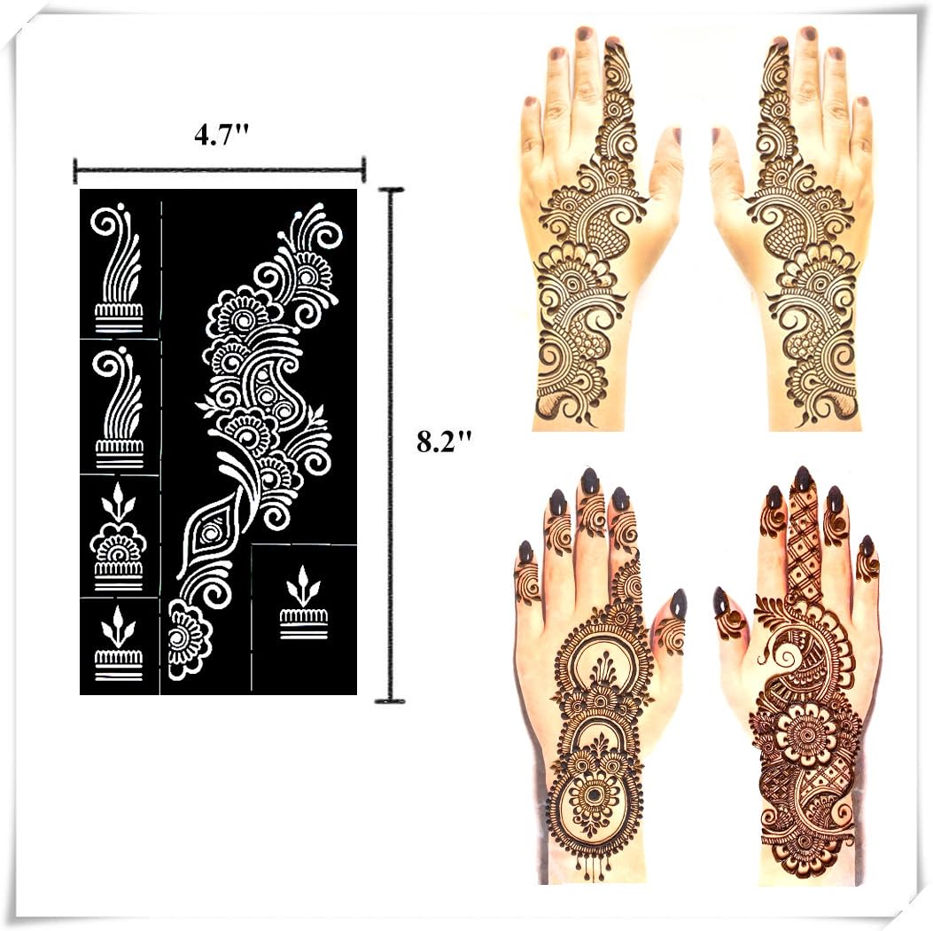 Reusable henna tattoo stencils kit featuring 9 Mehendi design sheets for hands, forearms, glitter tattoos, and temporary body art.