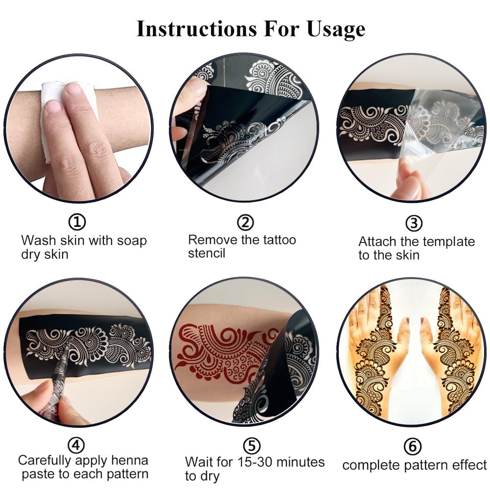 Reusable henna tattoo stencils kit featuring 9 Mehendi design sheets for hands, forearms, glitter tattoos, and temporary body art.
