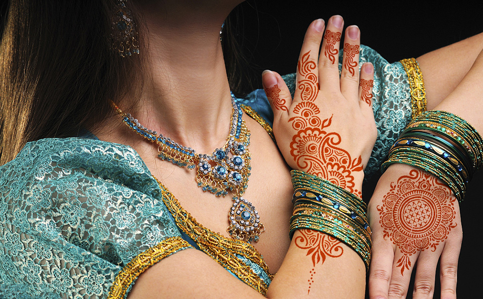 Reusable henna tattoo stencils kit featuring 9 Mehendi design sheets for hands, forearms, glitter tattoos, and temporary body art.