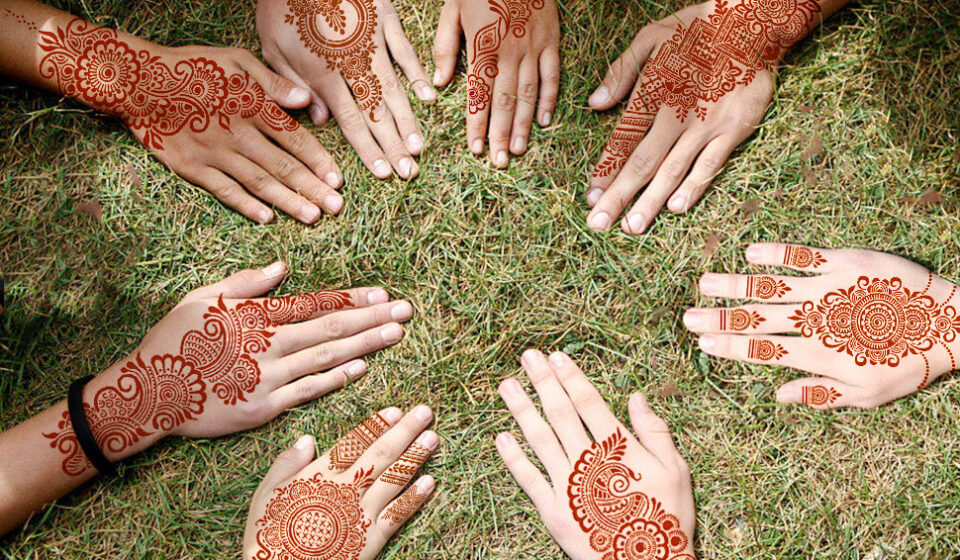 Reusable henna tattoo stencils kit featuring 9 Mehendi design sheets for hands, forearms, glitter tattoos, and temporary body art.
