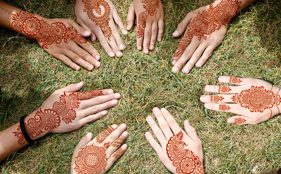 Reusable henna tattoo stencils kit featuring 9 Mehendi design sheets for hands, forearms, glitter tattoos, and temporary body art.