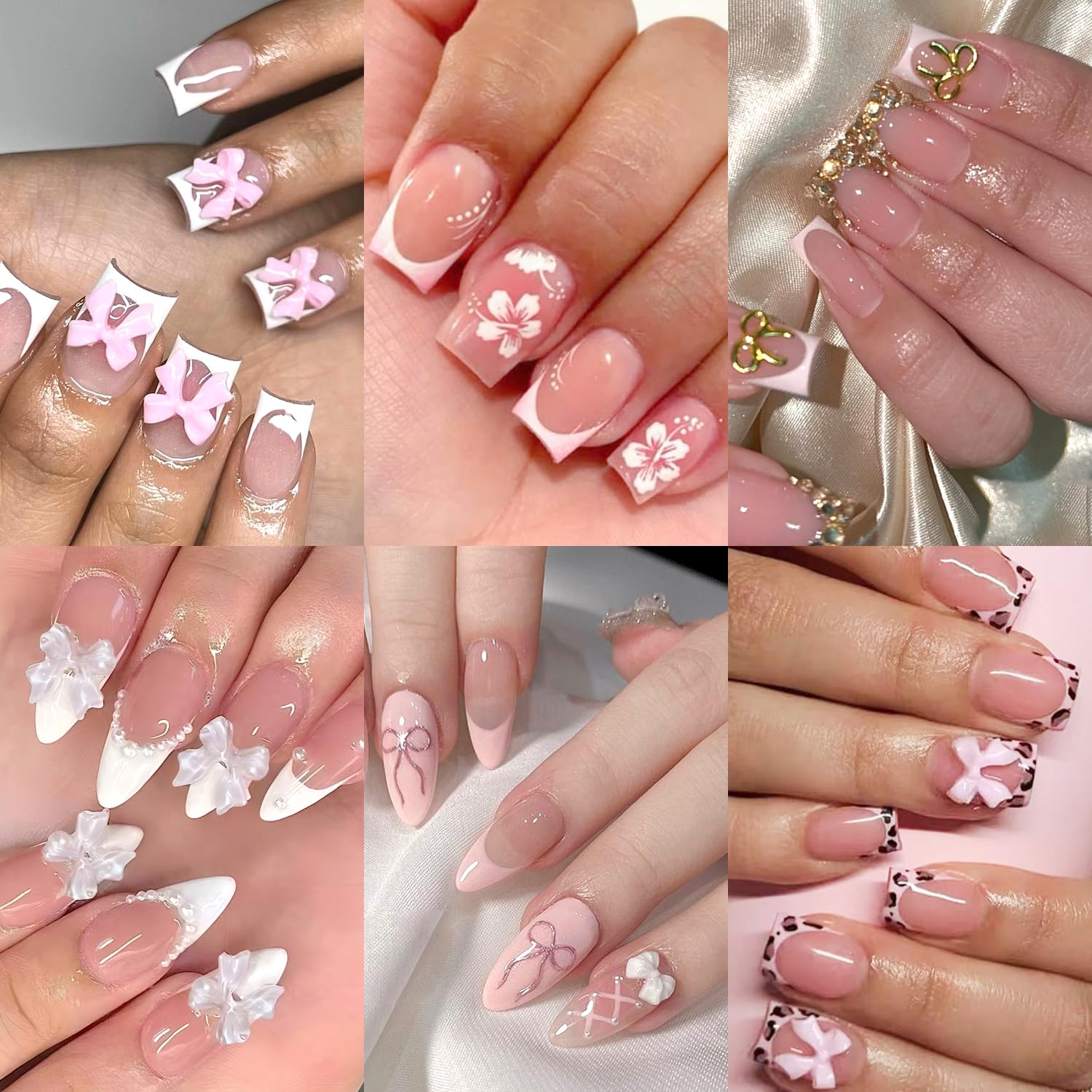 Reusable press on nails set with 144 pieces featuring cute bow nail designs in multiple sizes for easy at-home manicures.