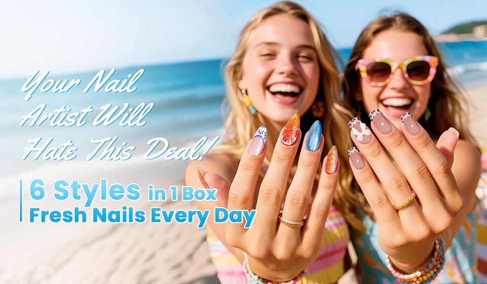Reusable press on nails set with 144 pieces featuring cute bow nail designs in multiple sizes for easy at-home manicures.