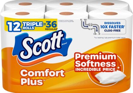Scott ComfortPlus Toilet Paper 12 triple rolls with 231 sheets per roll, septic-safe 1-ply toilet tissue for everyday bathroom use.