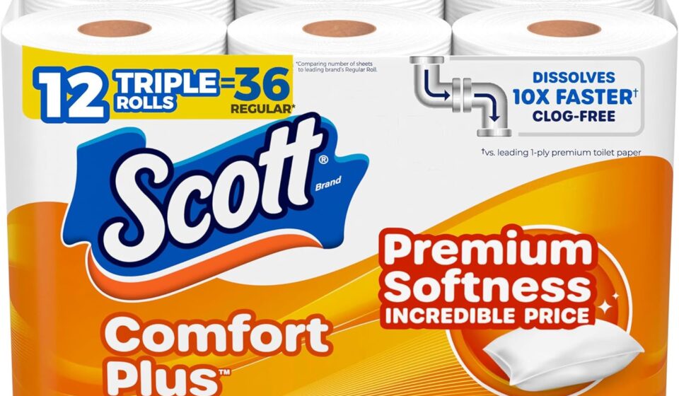Scott ComfortPlus Toilet Paper 12 triple rolls with 231 sheets per roll, septic-safe 1-ply toilet tissue for everyday bathroom use.