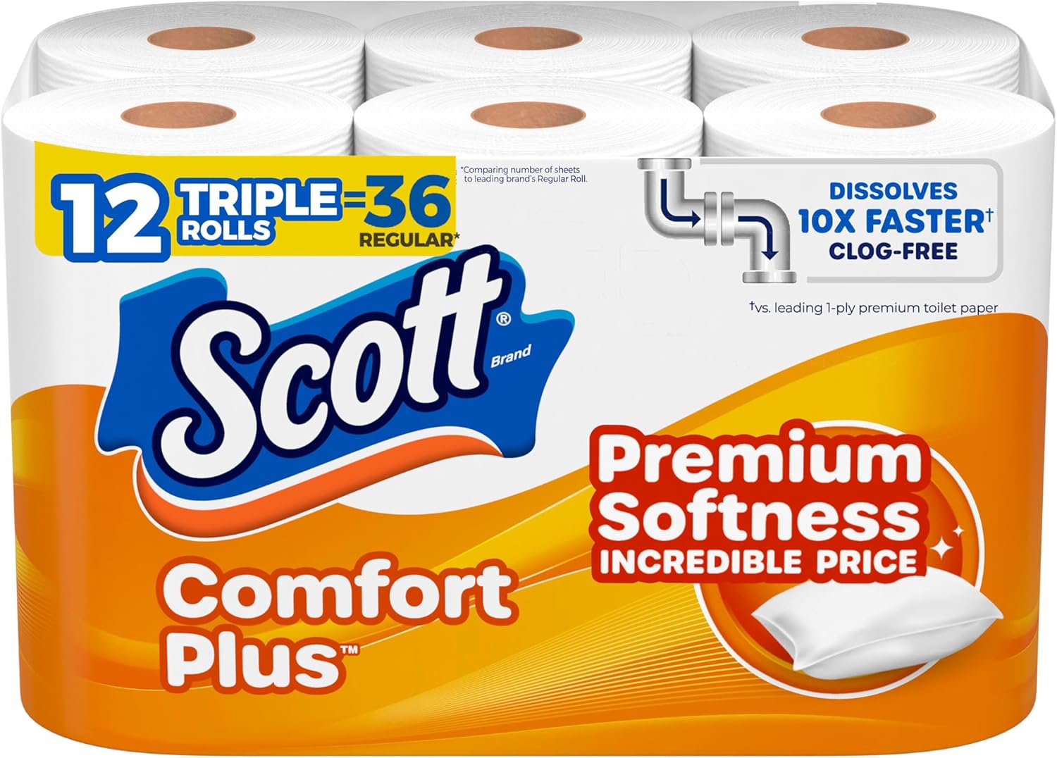 Scott ComfortPlus Toilet Paper 12 triple rolls with 231 sheets per roll, septic-safe 1-ply toilet tissue for everyday bathroom use.