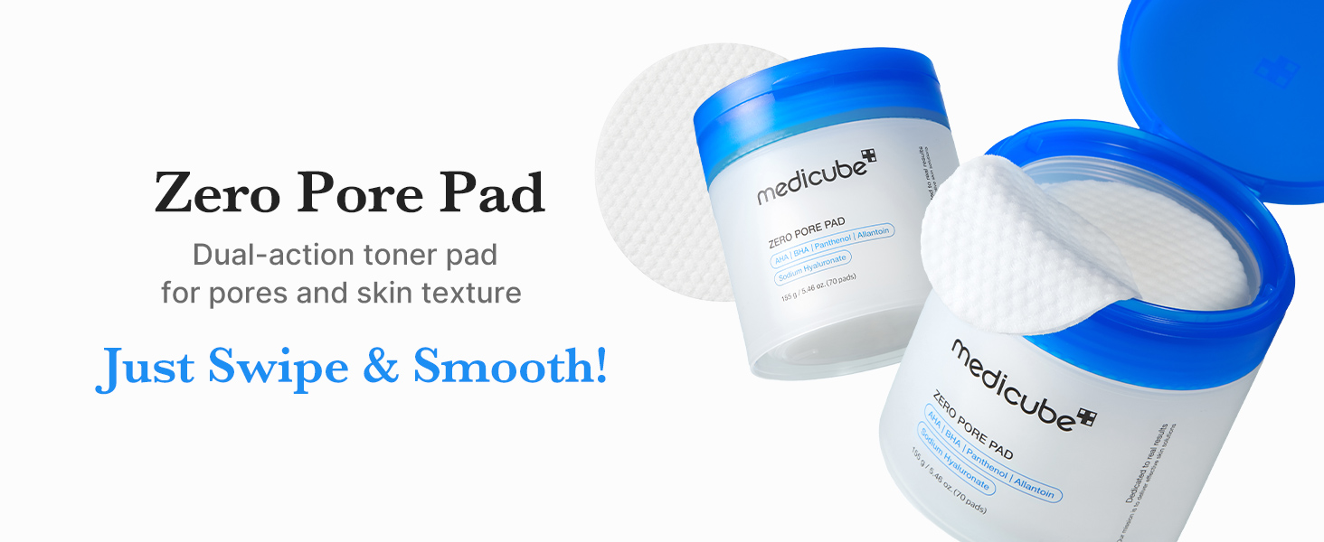 medicube Zero Pore Pad 2.0 Korean skincare toner pads with AHA lactic acid and BHA salicylic acid for exfoliation and pore care.
