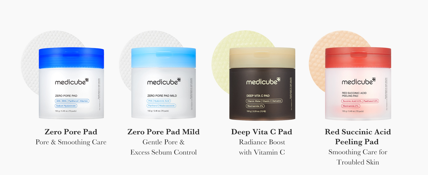 medicube Zero Pore Pad 2.0 Korean skincare toner pads with AHA lactic acid and BHA salicylic acid for exfoliation and pore care.