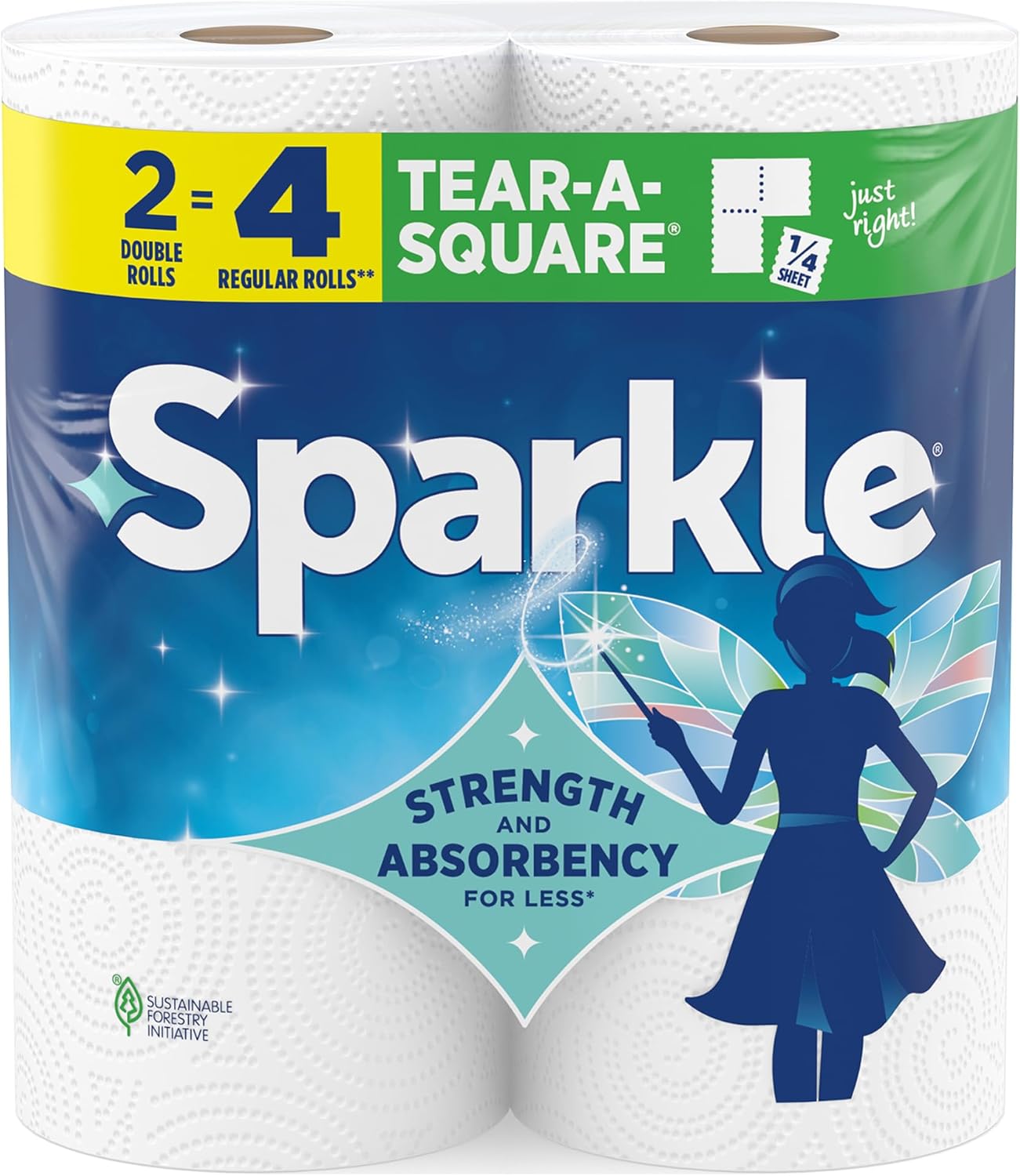 Sparkle Tear-A-Square Paper Towels with 2 double rolls and strong 2-ply sheets for kitchen cleanup and everyday household cleaning.