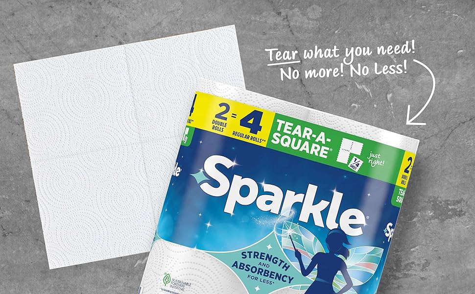 Sparkle Tear-A-Square Paper Towels with 2 double rolls and strong 2-ply sheets for kitchen cleanup and everyday household cleaning.