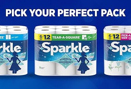 Sparkle Tear-A-Square Paper Towels with 2 double rolls and strong 2-ply sheets for kitchen cleanup and everyday household cleaning.