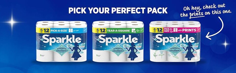 Sparkle Tear-A-Square Paper Towels with 2 double rolls and strong 2-ply sheets for kitchen cleanup and everyday household cleaning.