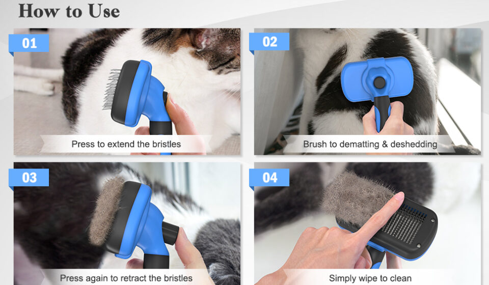 Swihauk self cleaning slicker brush for dogs and cats featuring a skin-friendly deshedding design and one-button hair removal function.