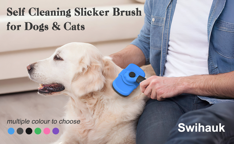 Swihauk self cleaning slicker brush for dogs and cats featuring a skin-friendly deshedding design and one-button hair removal function.