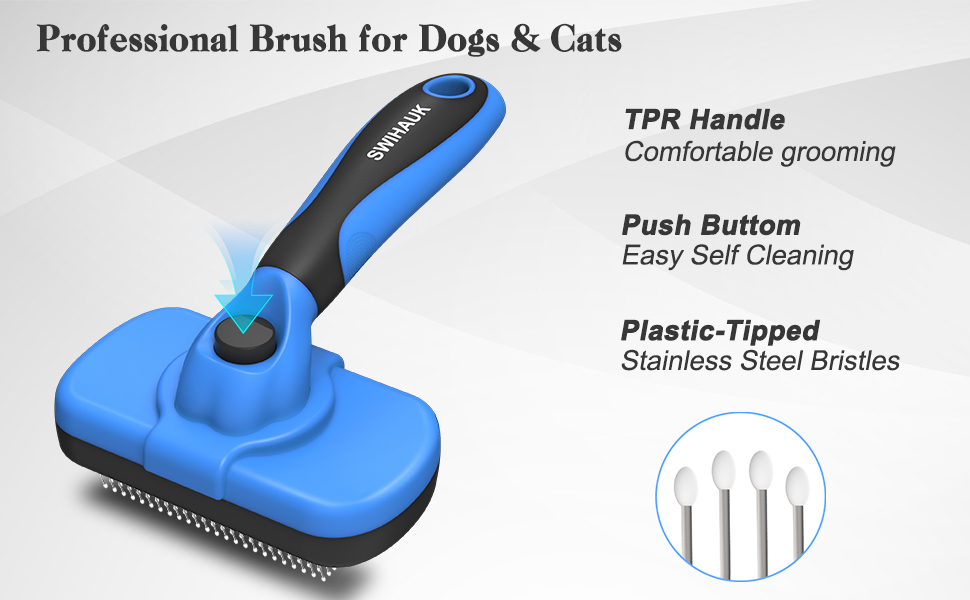 Swihauk self cleaning slicker brush for dogs and cats featuring a skin-friendly deshedding design and one-button hair removal function.